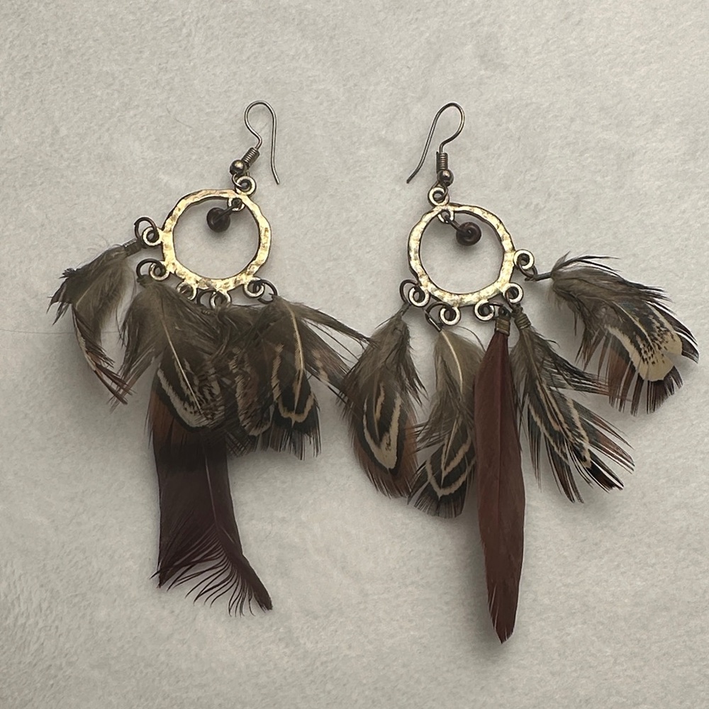 Brown Feather and gold plated dangle earrings